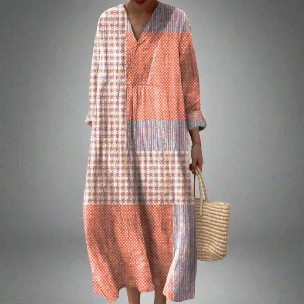 נורה™ | שמלת מידי פאטצ'וורק עם כוכבים בגוון קורלי