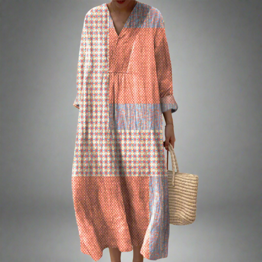 נורה™ | שמלת מידי פאטצ'וורק עם כוכבים בגוון קורלי